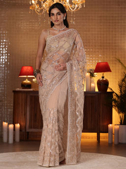 Libas Art - Women Beige Net Embellished Saree