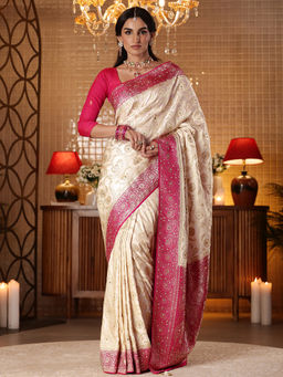 Libas Art - Women Cream Silk Blend Beads And Stones Handloom Saree