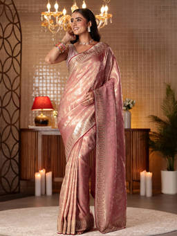 Libas - Women Pink Satin Zari Handloom Saree