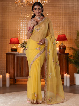 Libas - Women Mustard Silk Blend Lace Work Embroidered Saree