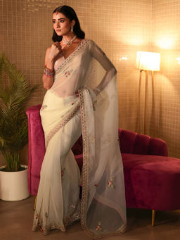 Libas - Women Cream Silk Blend Lace Work Embroidered Saree