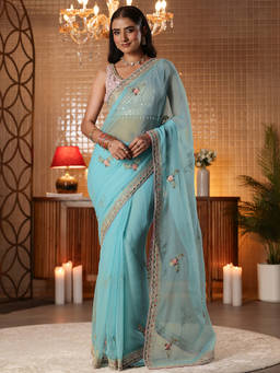 Libas - Women Blue Silk Blend Lace Work Embroidered Saree