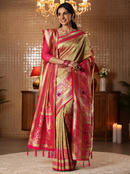 Libas - Women Mustard Silk Blend Tassels Handloom Saree With Dupatta