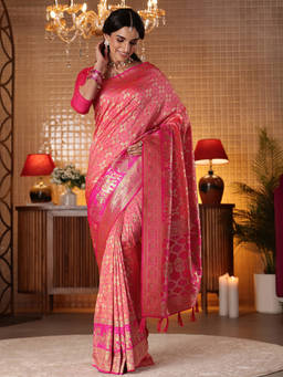 Libas - Women Pink Silk Blend Tassels Handloom Saree