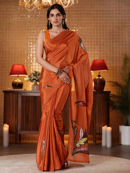 Libas - Women Rust Silk Blend Thread Work Printed Saree