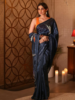 Libas - Women Navy Blue Silk Blend Thread Work Printed Saree