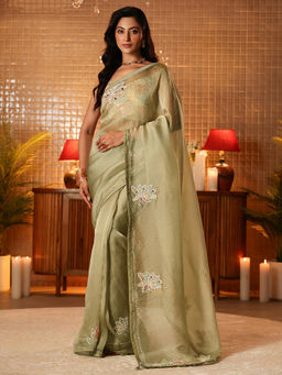 Libas - Women Green Tissue Beads And Stones Embellished Saree