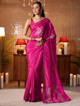 Libas - Women Magenta Silk Blend Beads And Stones Embellished Saree