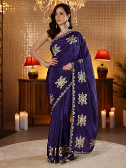 Libas - Women Purple Silk Blend Embroidered Saree