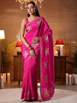 Libas - Women Magenta Silk Blend Embroidered Saree
