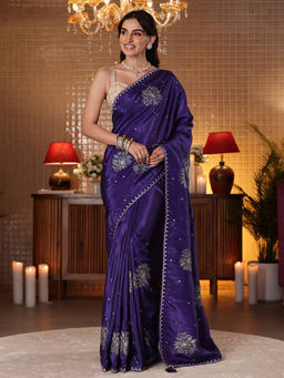Libas - Women Purple Silk Blend Thread Work Embroidered Saree