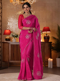 Libas - Women Magenta Silk Blend Thread Work Embroidered Saree