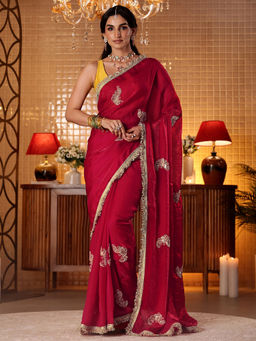 Libas - Women Red Silk Blend Lace Work Embellished Saree
