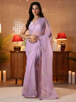 Libas - Women Lavender Silk Blend Lace Work Embellished Saree