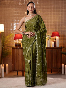 Libas - Women Green Silk Blend Lace Work Embellished Saree