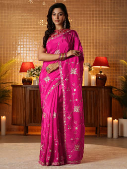 Libas - Women Magenta Silk Blend Lace Work Embellished Saree