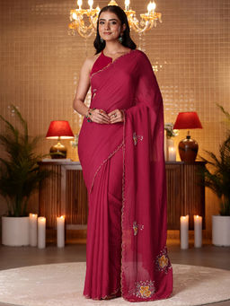 Libas - Women Magenta Silk Blend Thread Work Embroidered Saree