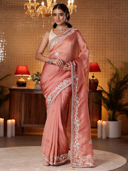 Libas - Women Peach Tissue Tassels Embroidered Saree