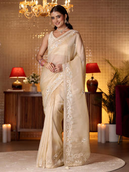 Libas - Women Cream Tissue Tassels Embroidered Saree