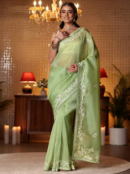 Libas - Women Green Tissue Tassels Embroidered Saree