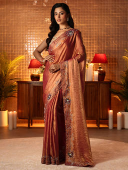 Libas - Women Peach Silk Blend Beads And Stones Embellished Saree