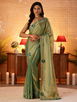 Libas - Women Green Silk Blend Beads And Stones Embellished Saree