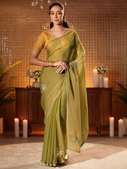 Libas - Women Green Silk Blend Beads And Stones Embellished Saree