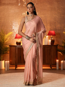 Libas - Women Peach Silk Blend Thread Work Embellished Saree