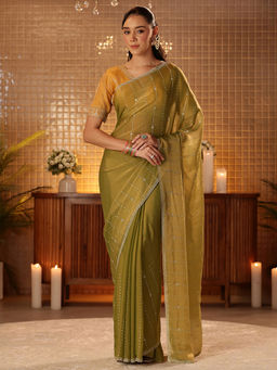 Libas - Women Green Silk Blend Beads And Stones Embellished Saree