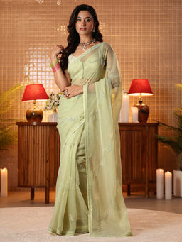 Libas - Women Green Silk Blend Beads And Stones Embellished Saree