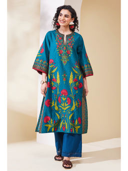 Biba - Women Teal Cotton Straight Kurta