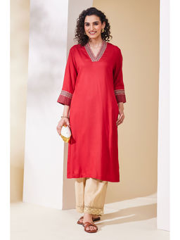 Biba - Women Red Viscose Rayon Straight Kurta
