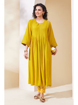 Biba - Yellow Women Viscose Blend Solid Flared Kurta