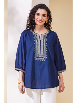 Biba - Women Navy Blue Cotton Straight Kurti