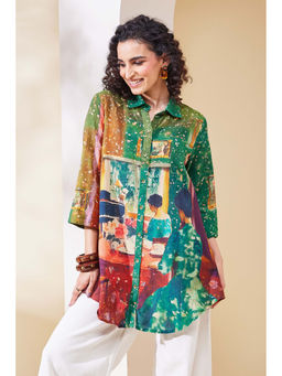 Biba - Women Green Viscose Rayon Straight Shirt