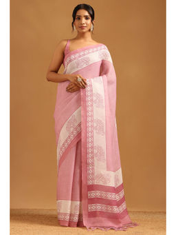 Soch - Women Pink Linen Tassels Printed Saree