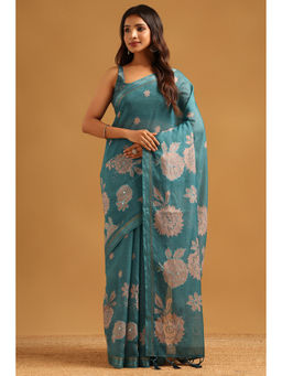 Soch - Women Blue Silk Blend Thread Work Printed Saree