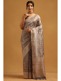 Soch - Women Beige Tussar Thread Work Printed Saree