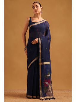 Soch - Women Navy Blue Chanderi Zari Handloom Saree