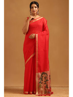 Soch - Women Red Tissue Zari Handloom Saree