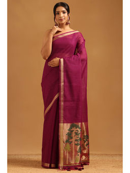 Soch - Women Wine Tissue Zari Handloom Saree
