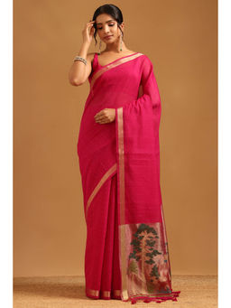 Soch - Women Magenta Tissue Zari Handloom Saree