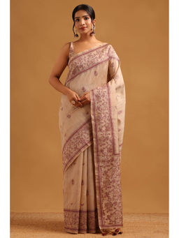 Soch - Women Beige Tussar Tassels Printed Saree