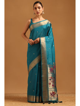 Soch - Women Teal Tussar Zari Handloom Saree