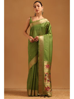 Soch - Women Olive Tussar Zari Handloom Saree