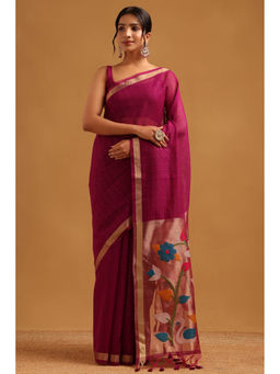 Soch - Women Wine Organza Tassels Handloom Saree