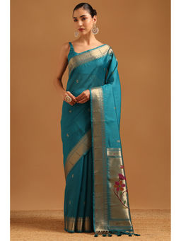 Soch - Women Teal Tussar Zari Handloom Saree
