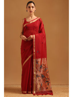Soch - Women Red Chanderi Zari Handloom Saree