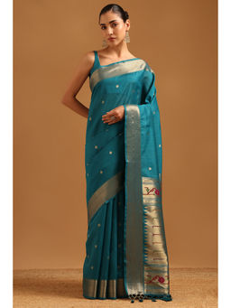 Soch - Women Teal Tussar Zari Handloom Saree