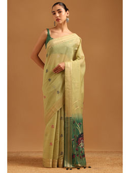 Soch - Women Green Chanderi Tassels Handloom Saree